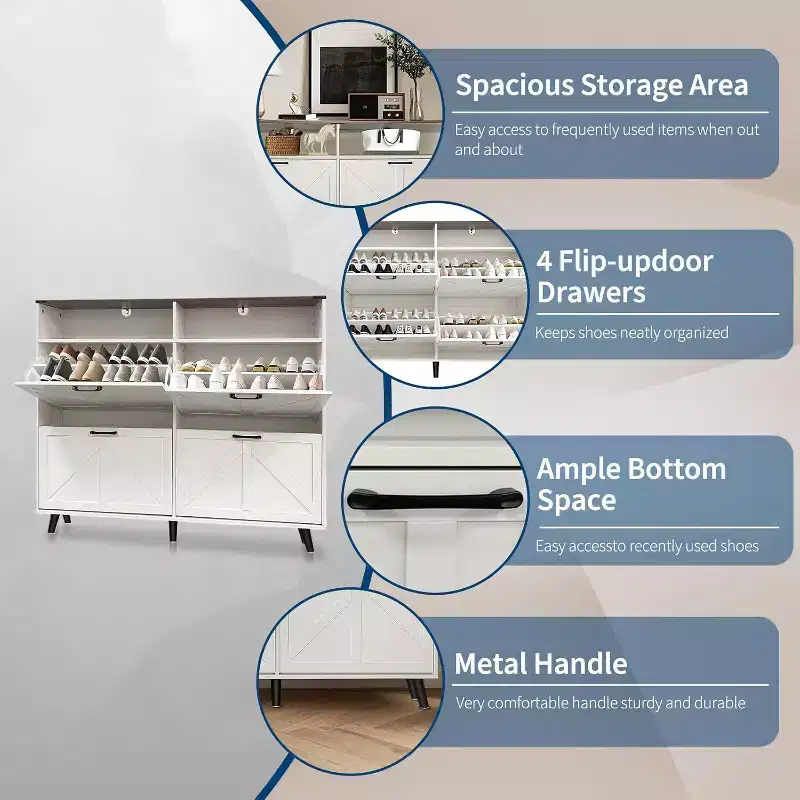 4-Drawer Flip Shoe Cabinet, Freestanding Hidden Shoe Organizer with Metal Legs & Solid Wood Doors, Narrow Entryway Shoe Storage for Hallway Foyer