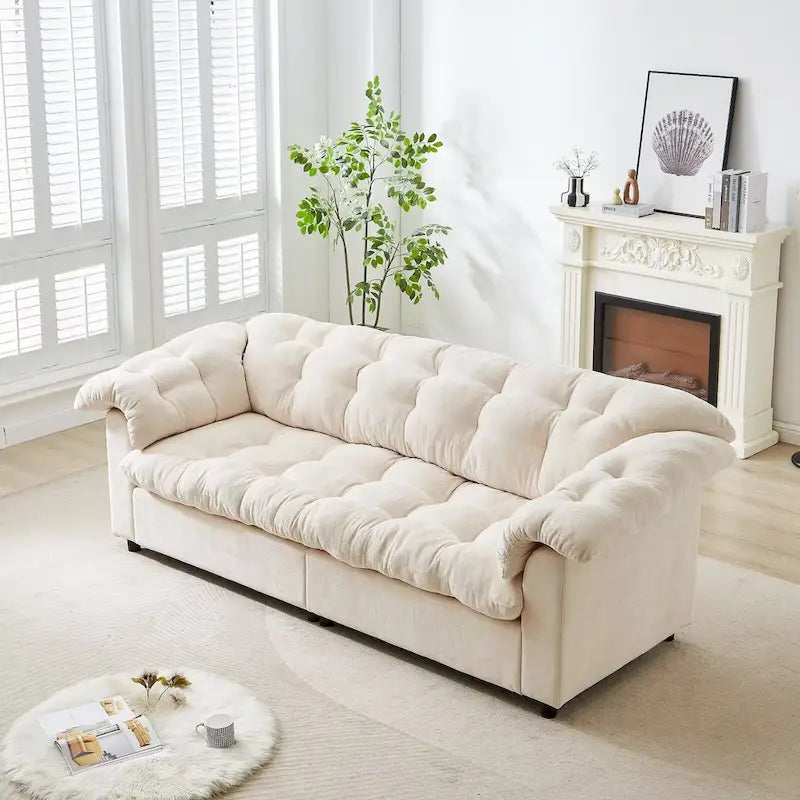99-Inch Deep Seat Sofa – Yellow / Beige / Grey / Green, Chenille, Solid Wood Frame, Seats 3