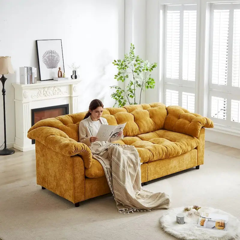 99-Inch Deep Seat Sofa – Yellow / Beige / Grey / Green, Chenille, Solid Wood Frame, Seats 3