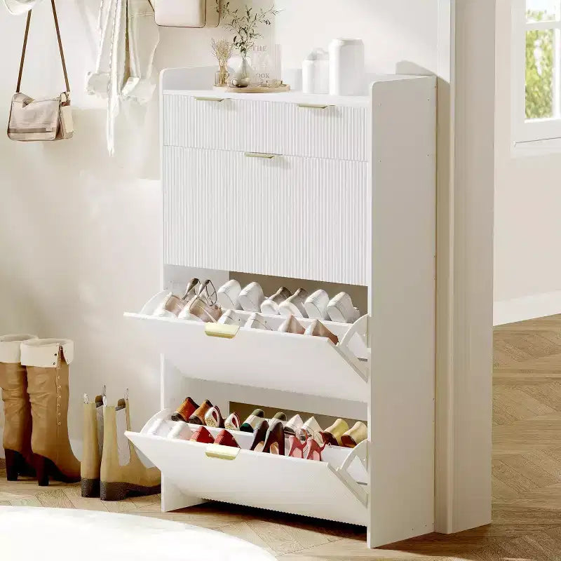 Modern White Shoe Cabinet with 3 Flip Drawers & 2 Small Drawers & Hook, Slim Fluted Shoe Storage Organizer, Narrow Entryway Cabinet