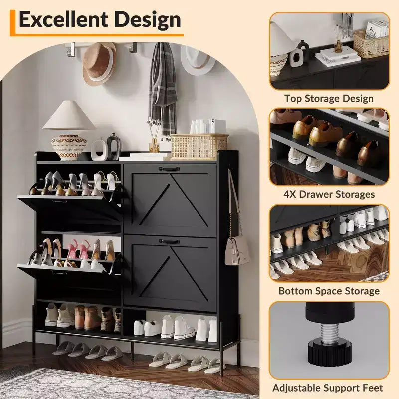 Shoe Cabinet with 4 Flip-Up Drawers Hidden Shoe Storage Cabinet with Open Storage for Entryway Hallway Bedroom Shoe Organizer Cabinet