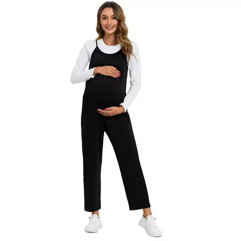 Coolmee Women's Maternity Jumpsuits Casual Adjustable Spaghetti Strap Jogger Overalls Outfits Pregnancy Rompers with Pockets L Black