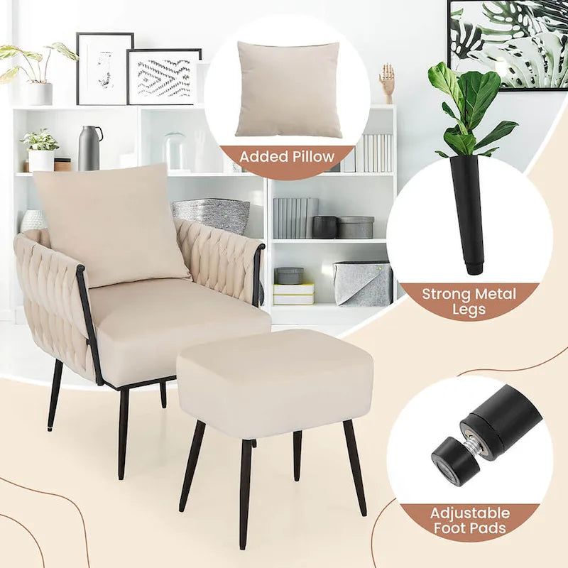Gymax Modern Dutch Velvet Accent Chair & Ottoman Set Single Leisure