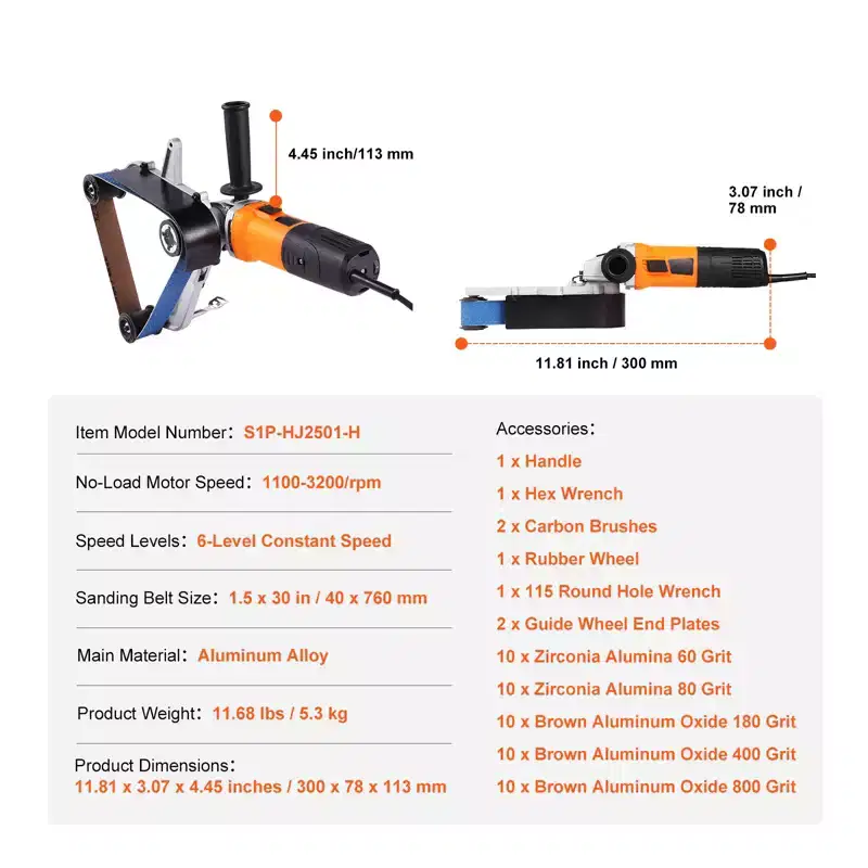VEVOR Pipe Tube Polisher Sander, 1000W Pipe Belt Sander with 6 Variable Speeds 1100-3200rpm, 50PCS Sanding Belts, Orange&Black