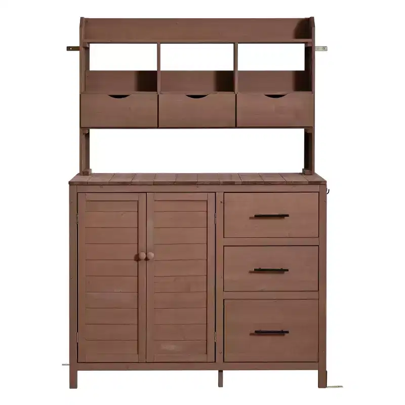 Farmhouse Potting Bench for Gardening, 65 Freestanding Garden Workstation with 6 Drawers, Cabinet, and Side Hook-Panipeachy