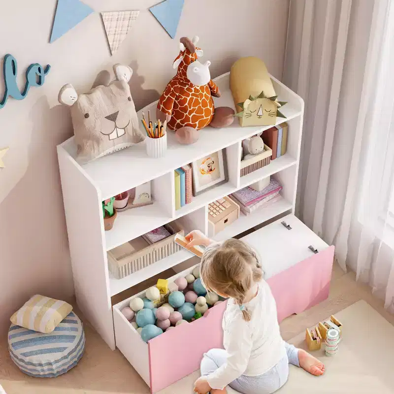 Pink and White Kids Toy Storage Organizer, Wooden Toy Storage Cabinet, Playroom Storage Cubby, Toys Organizers and Storage for Bedroom, Nursery
