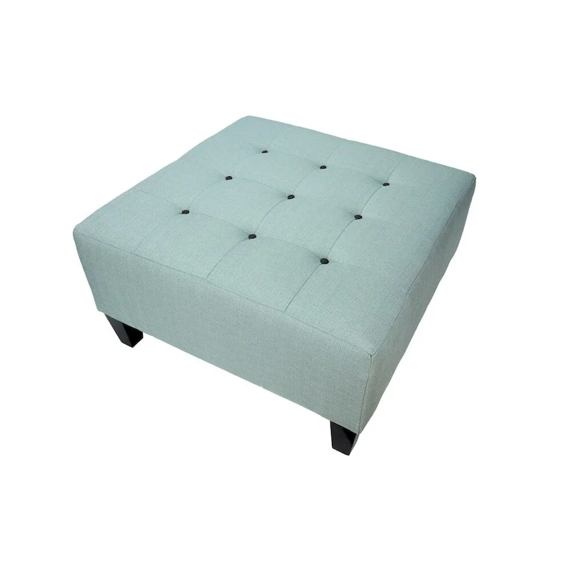 Button Tufted Upholstered Square Ottoman | Blue | Modern Accent Footrest