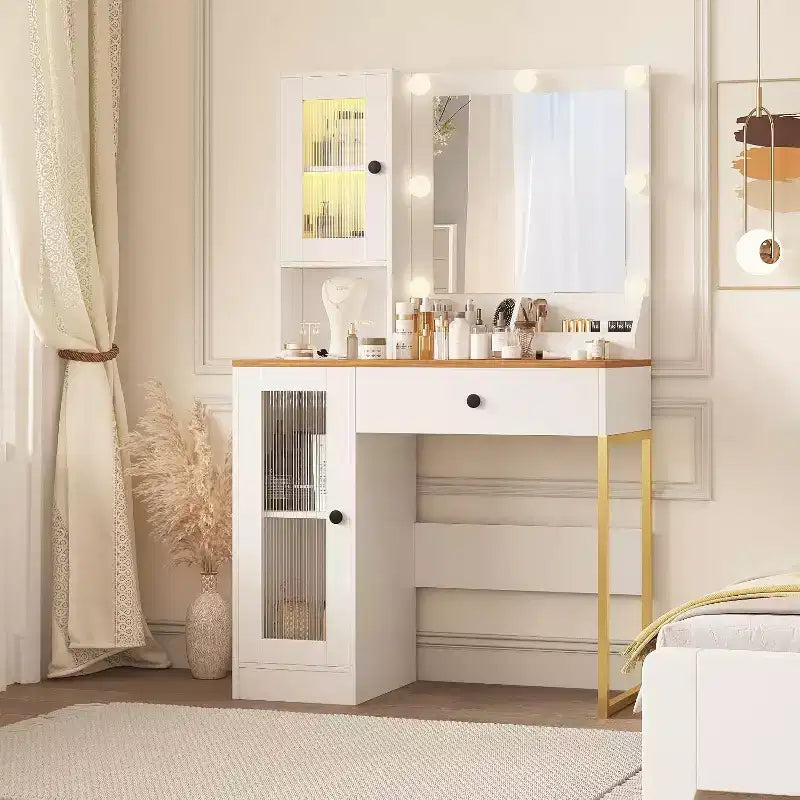 Vanity Desk with Mirror, 3 Lighting Modes Lights, Built-in Outlets & USB Ports, Spacious Drawers & Storage Cabinet, Makeup Dressing Table for Bedroom