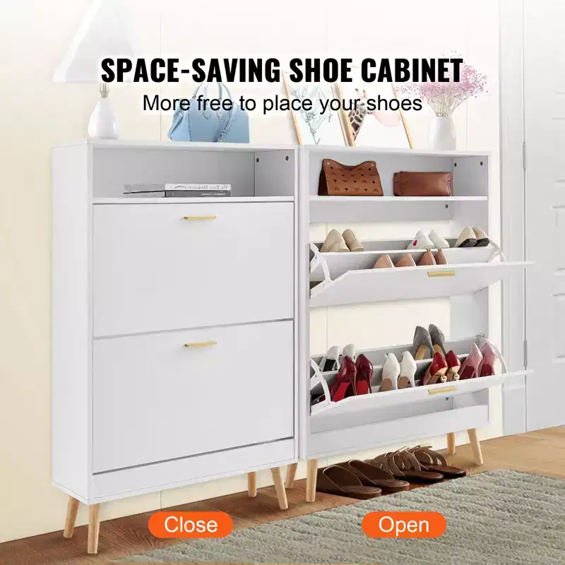 Shoe Cabinet with 2 Flip Drawers, Free Standing Shoe Storage Organizer for Entryway with Top Storage Cubby, White