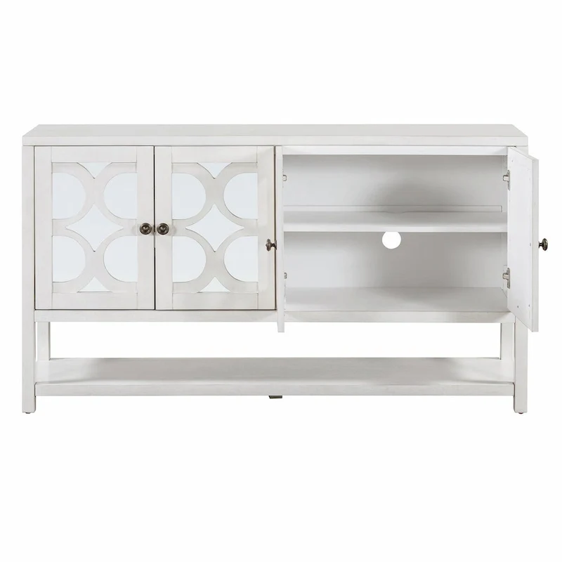 Elegant Retro Console Table with Mirrored Doors, Spacious Shelves and Durable Acacia Wood Legs