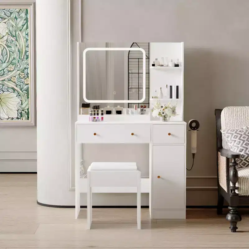 COZONY Makeup Vanity with Lights & Mirror, Vanity Table with Charging Station, Hair Dryer Holder, Storage Drawers & Shelves, Upholstered Stool