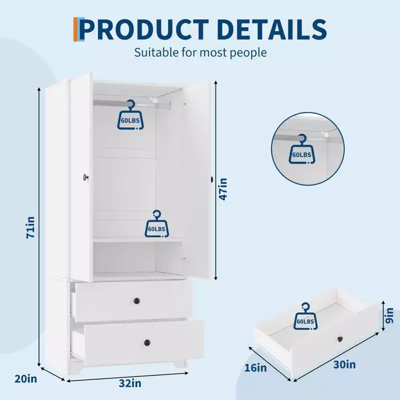 2-Door Wardrobe Storage Cabinet, Flat Panel MDF Sideboard Buffet Cabinet for Bedroom, Dining Room and Home