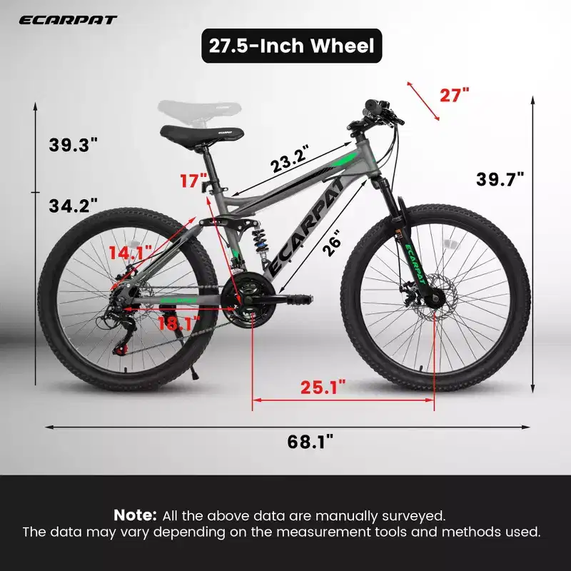 Okak 27.5IN Mountain Bike with Front and Rear Dual Shock Absorbers, 21-Speed Dirt Bike with Mechanical Disc Brake, Adult Bike for Men and Women