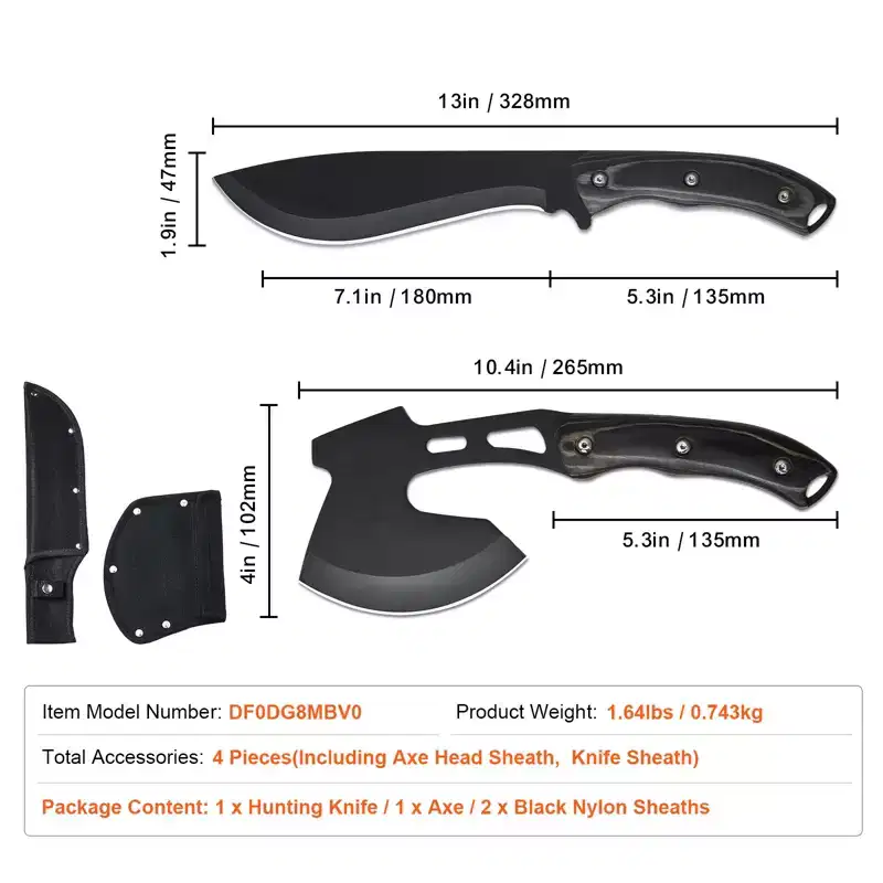 VEVOR Hunting Knife and Hatchet Axe Combo Set with Sheath, Fixed Blade Tactical Knife and Camping Axe, Stainless Steel Knife and Camping Hatchet,Black