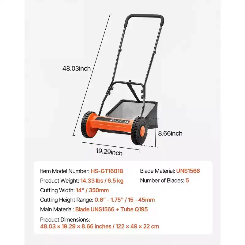 14 in Push Reel Lawn Mower Manual Walk Behind Mower with 5 Steel Blades Adjustable Height and Grass Catcher