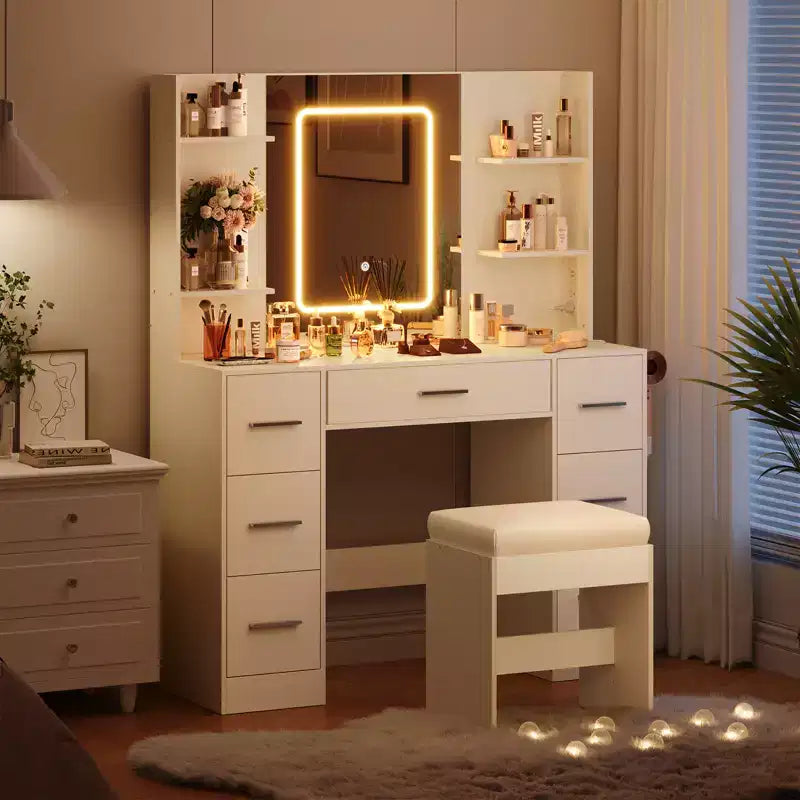 Makeup Vanity with Mirror and Chair, Hair Dryer Rack, 7 Drawers, 3 Lighting Modes Adjustable