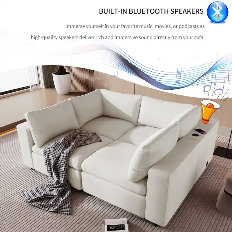Beige Upholstered 4-Seater Modular Sectional Sofa with Wireless Charging