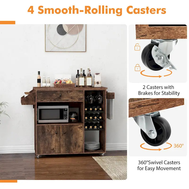 Kitchen Island Cart – White / Brown / Black, Drop-Leaf, Power Outlet, Wine Rack, Microwave Shelf, Casters